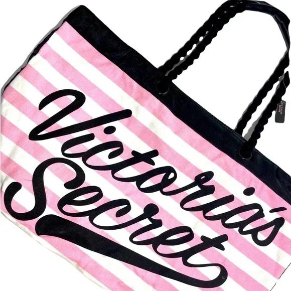 Victoria’s Secret Tote Travel Bag Overnight Weekender Stripes Pink White Black - Picture 13 of 14